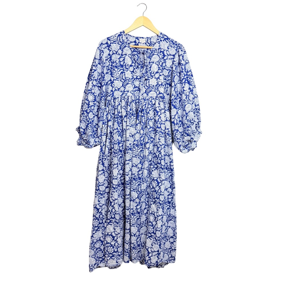House of Sundar Blue Floral Block Print Balloon Sleeve Midi Dress XL Handcrafted
